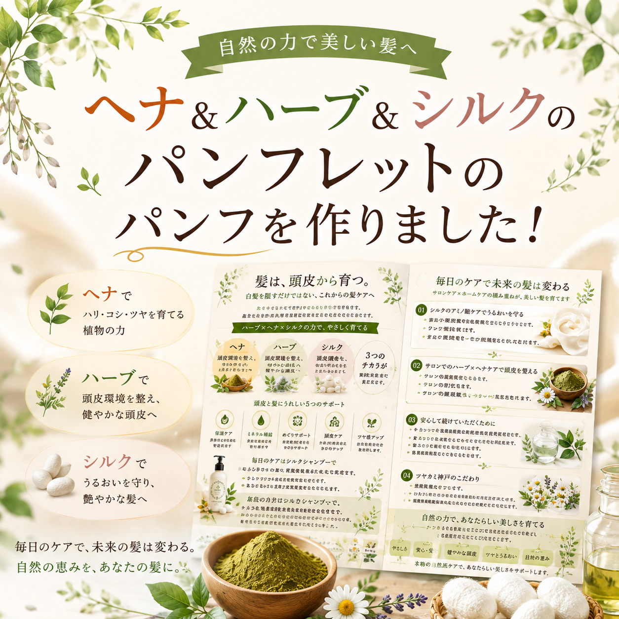 ヘナ＆ハーブ＆ヘナ　トリプルで髪の健康を考えるパンフレットを作りました。
